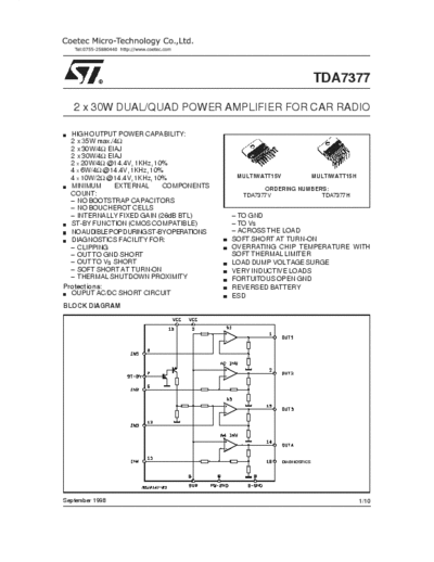 STMicroelectronics tda7377 2 x 30WDUAL/QUAD POWER AMPLIFIER FOR CAR RADIO